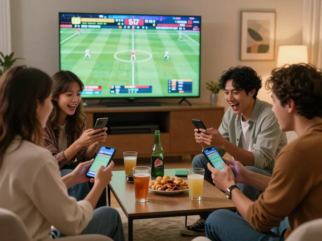 Friends engaging in sports betting at UG88, placing bets on their smartphones while watching live events