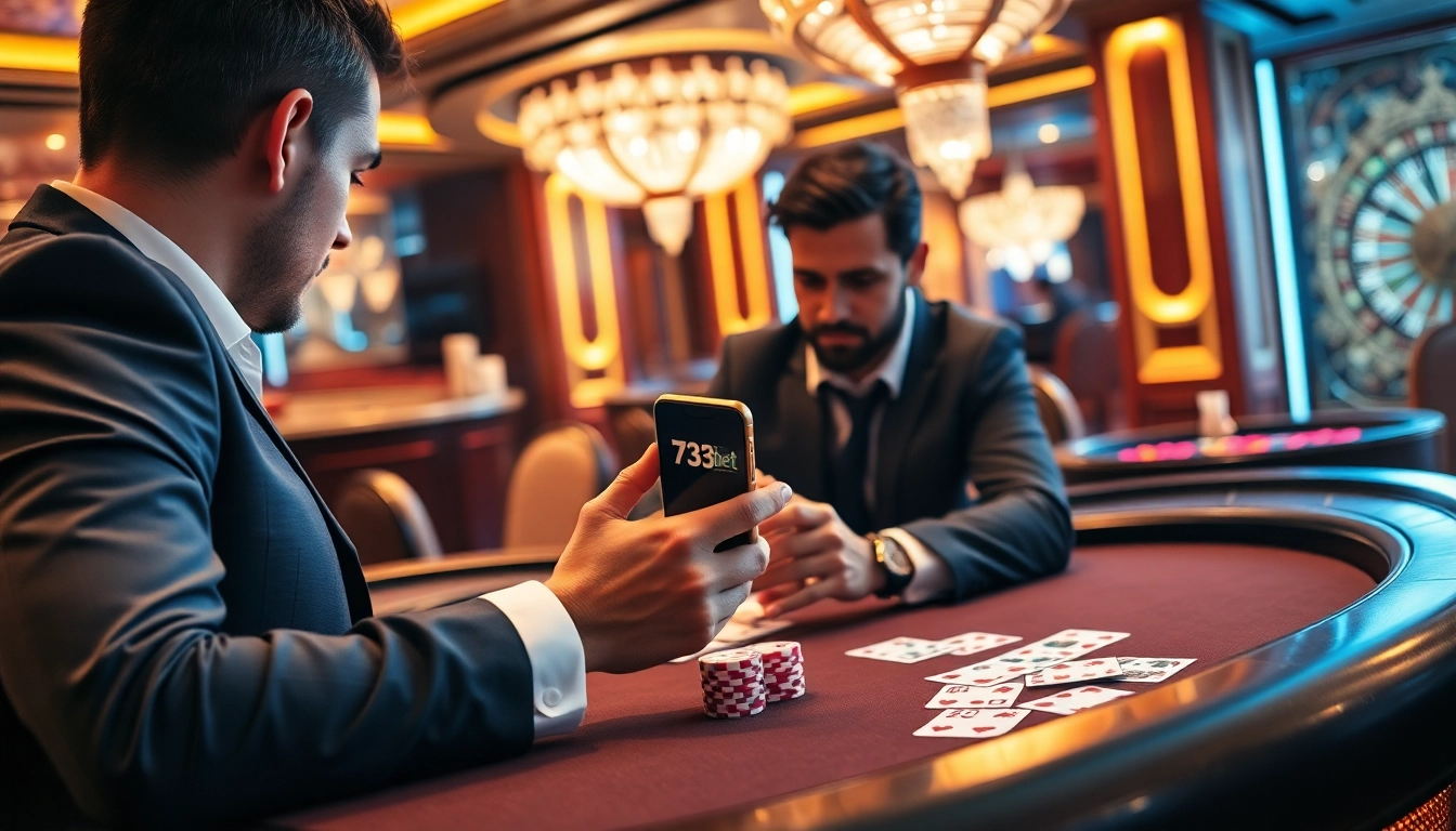 Experience the 733bet App in action at a luxurious poker table.