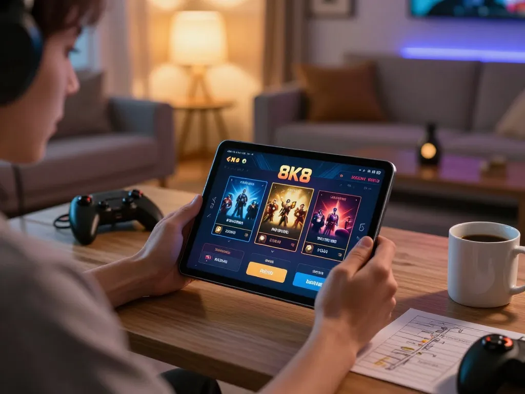 Player enjoying 8K8 casino slots on a tablet in a cozy home setting