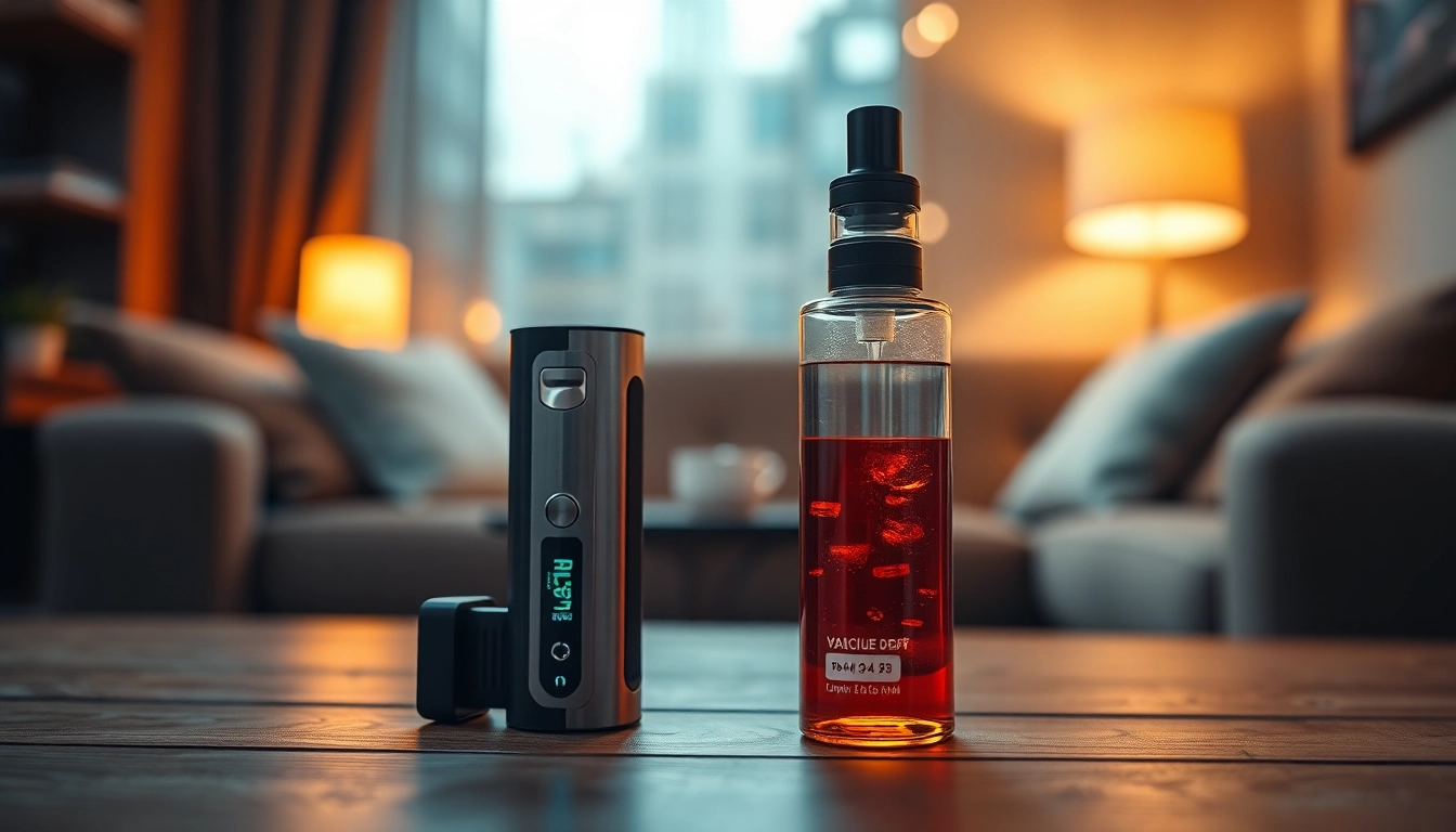 Engaging display of vape juice and device on a wooden table, showcasing vibrant colors and textures.