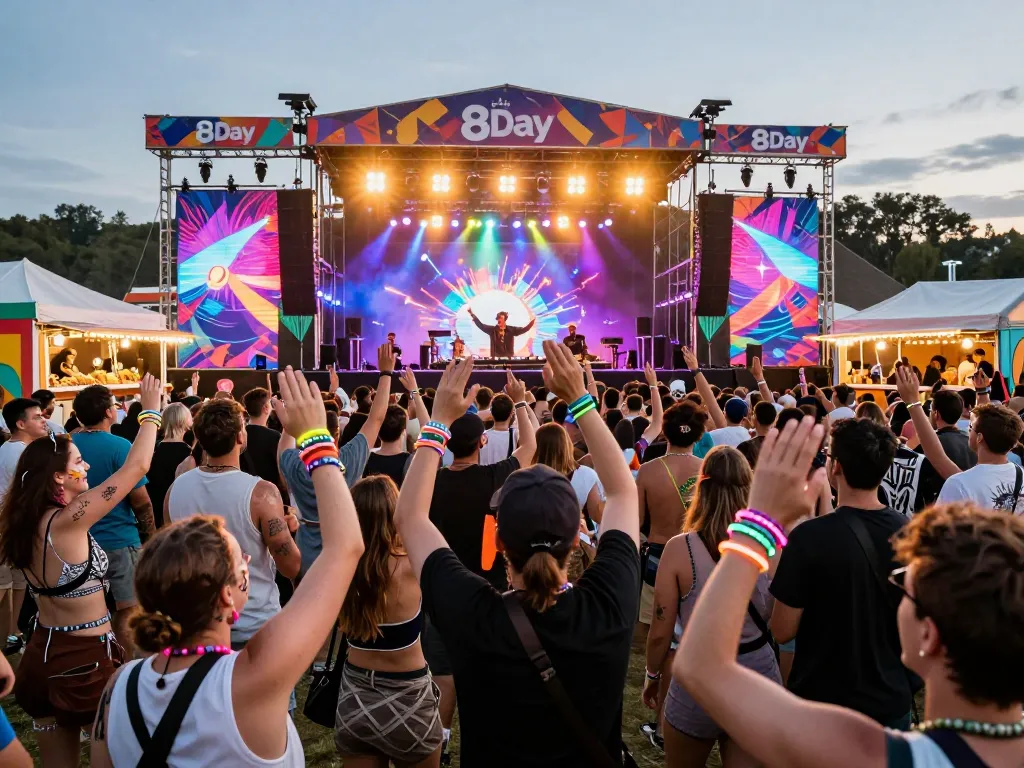 8Day electronic music festival scene with DJ, lively crowd, and vibrant lights.
