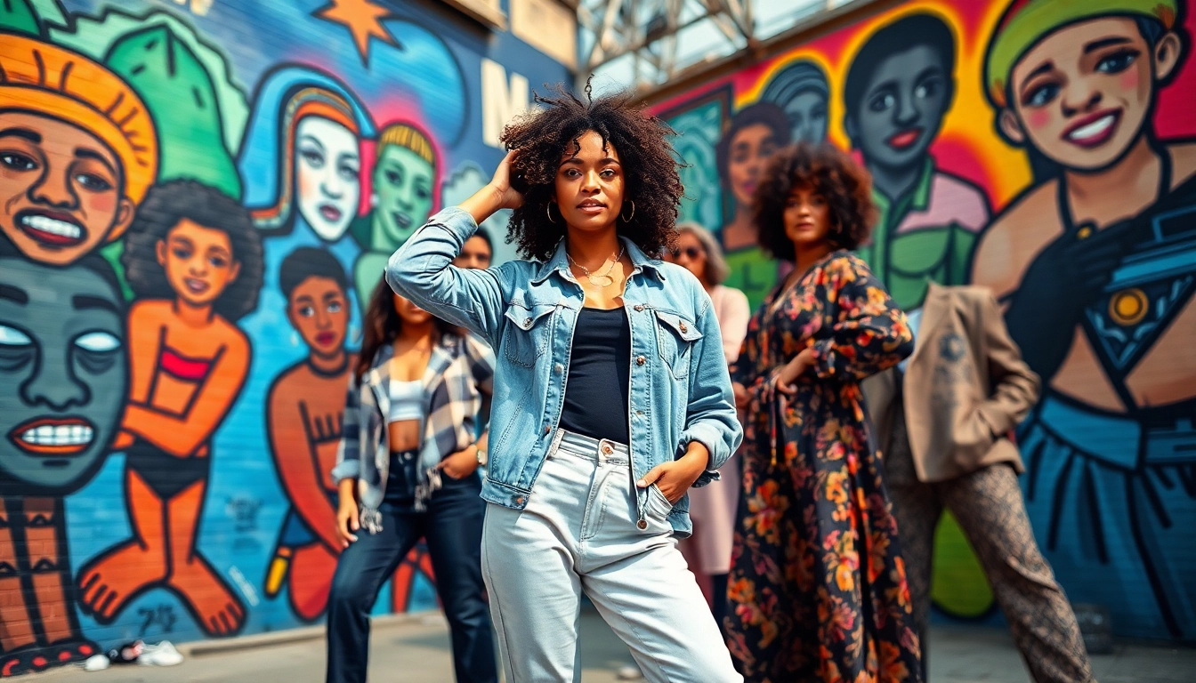 Fashion model displaying diverse styles against a colorful urban backdrop.
