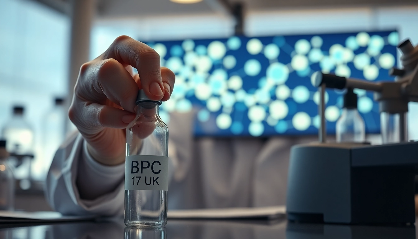 Researcher analyzing BPC 157 UK in a state-of-the-art lab with scientific instruments.