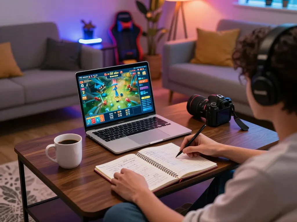 Person engaging in game tài xỉu online at home, showcasing strategic notes and a laptop interface.
