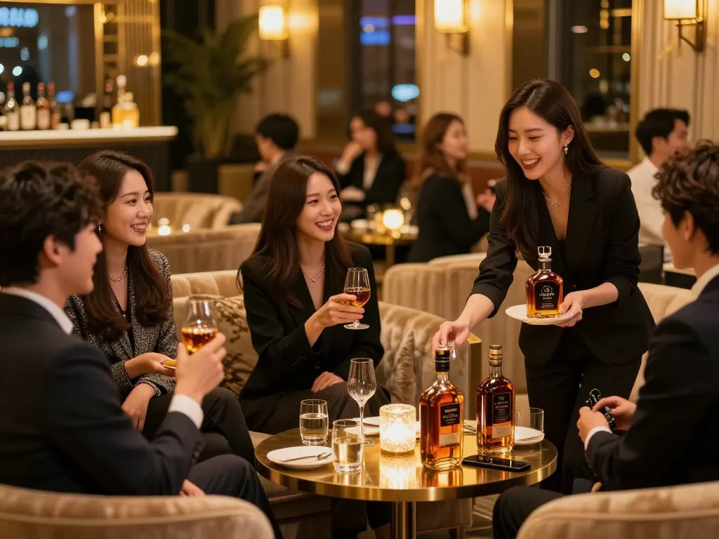 Experience the luxurious atmosphere of 강남쩜오 with well-dressed guests enjoying a night out in an elegant room salon.