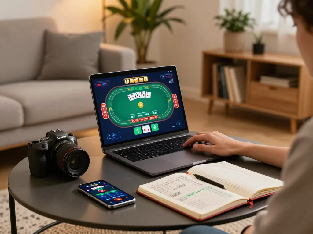 Player engaged in Paris888 online gameplay, showcasing a cozy gaming setup with strategic elements.
