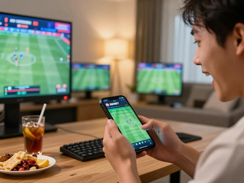 SBOBET sports betting in a lively home setup with person excitedly placing bets.