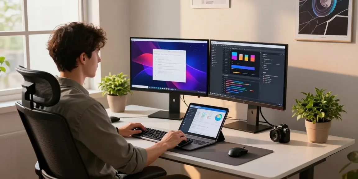 The workspace of a software developer showcasing the modern tech environment with 纸飞机中文版官网 application designs on dual monitors, inspiring innovation.