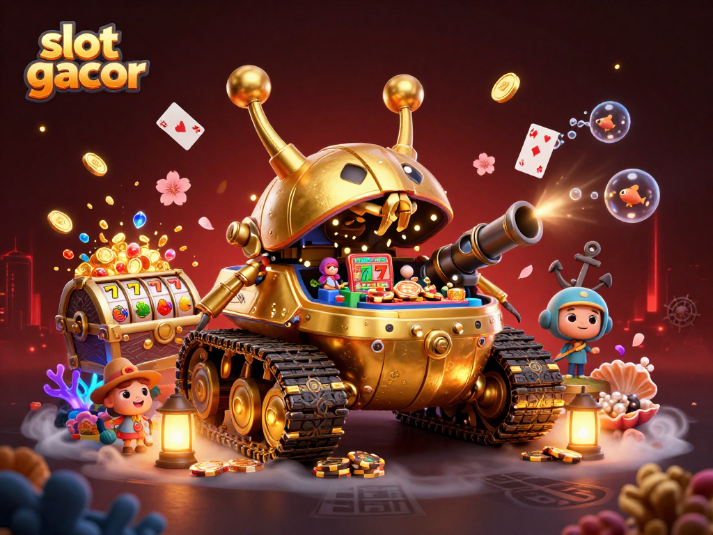 Ilustrasi visual slot gacor menampilkan tank kartun emas raksasa yang membuka kasino mini dalam dunia bawah laut.