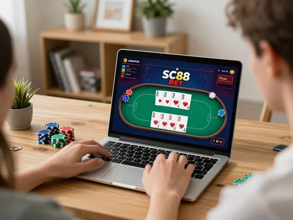 Engaging in SC88 Bet gameplay on a laptop from a cozy setting, showcasing strategic poker actions