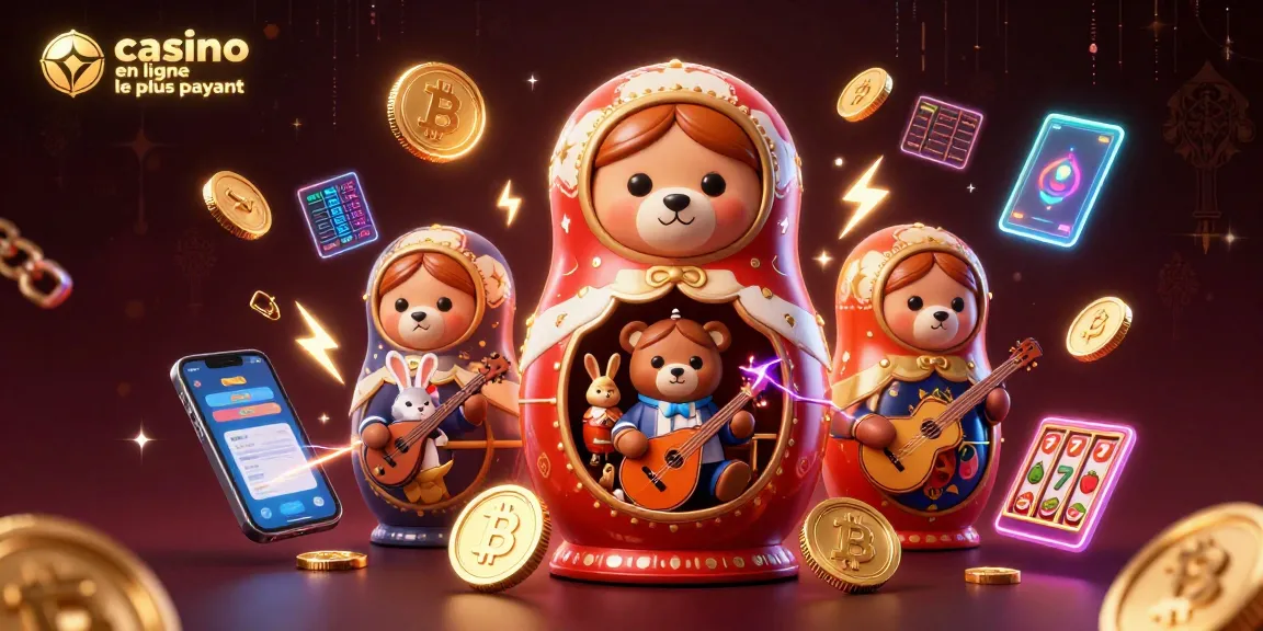 Illustration vivante de 'casino en ligne le plus payant' avec des ours et de la musique dans un cadre coloré.