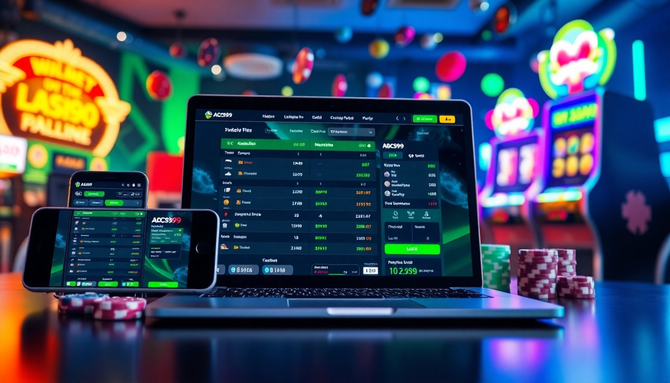 ABC999 online betting platform showcasing multiple devices and gaming elements, emphasizing security and trust.
