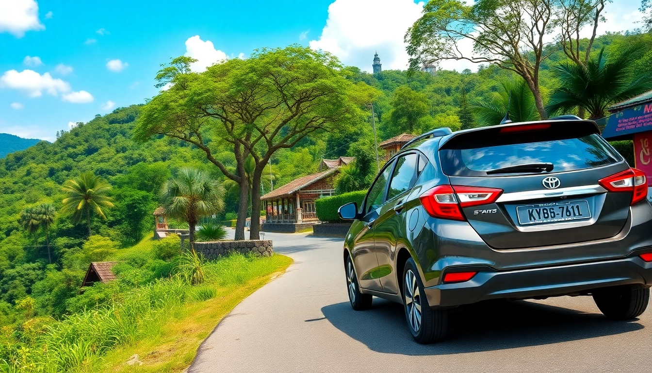 Car hire in Kuching featuring a rental car amidst lush landscapes and local attractions.