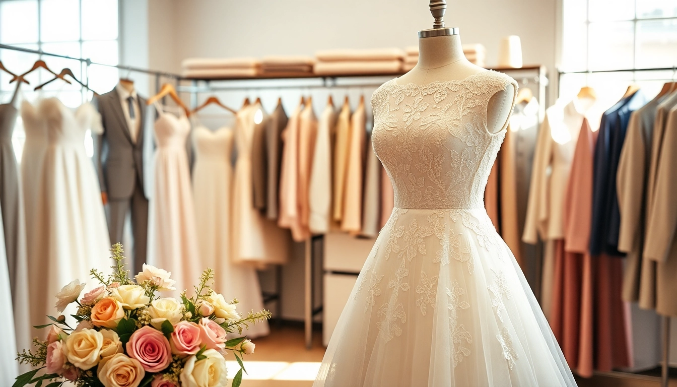 Brides and grooms admire elegant styles from Rebel Designerwear in a charming boutique setting.