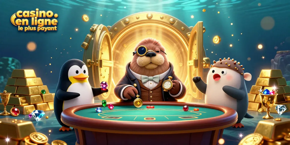 Un jeu de poker avec le casino en ligne le plus payant, illustré par un morse jolly et un dealer pingouin.