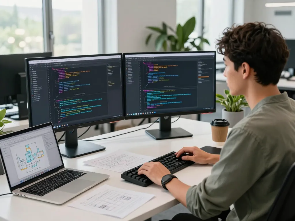 Molt bot developer working on dual monitors in a modern tech workspace.