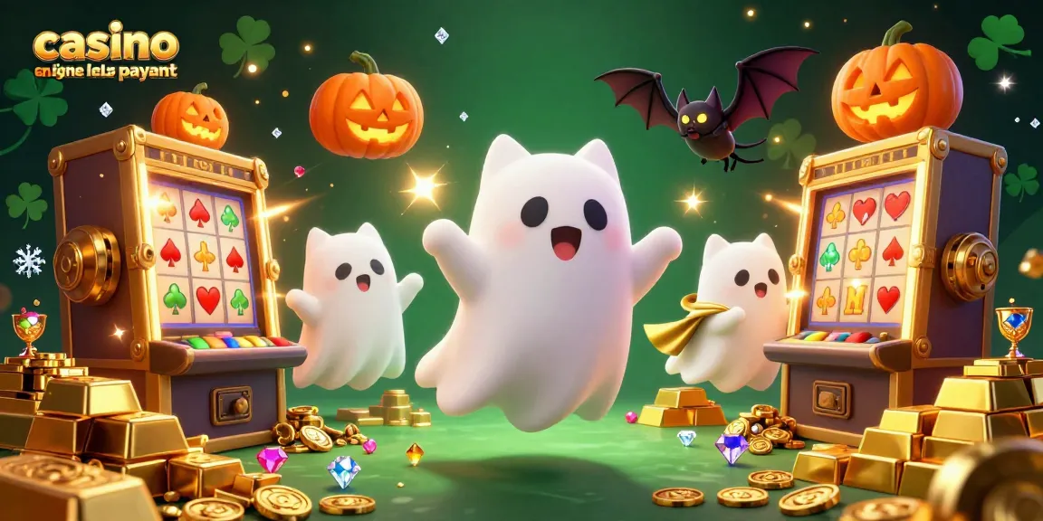 Illustration captivante représentant un casino avec un chat fantôme et une chauve-souris, illustrant le casino en ligne le plus payant.