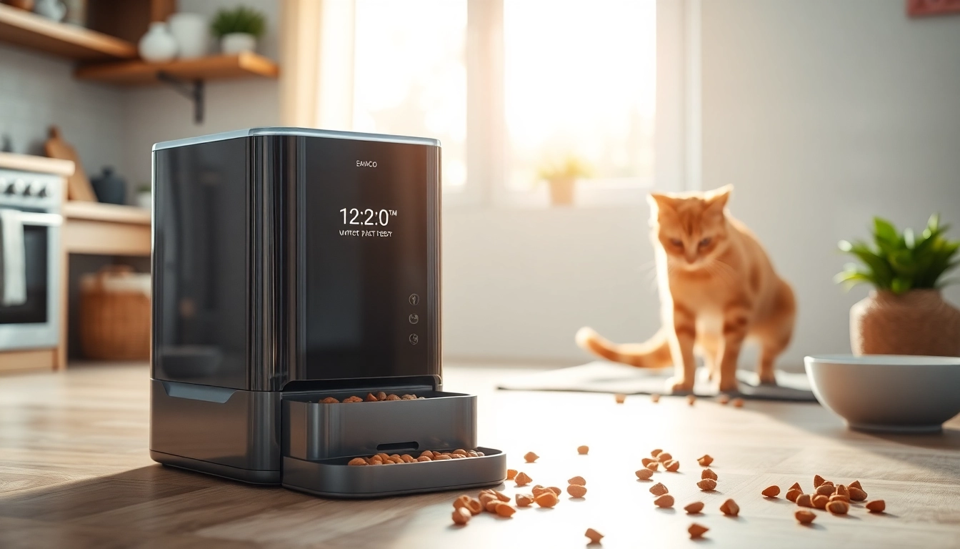 Curious cat interacting with an automatic cat feeder in a cozy kitchen setting.
