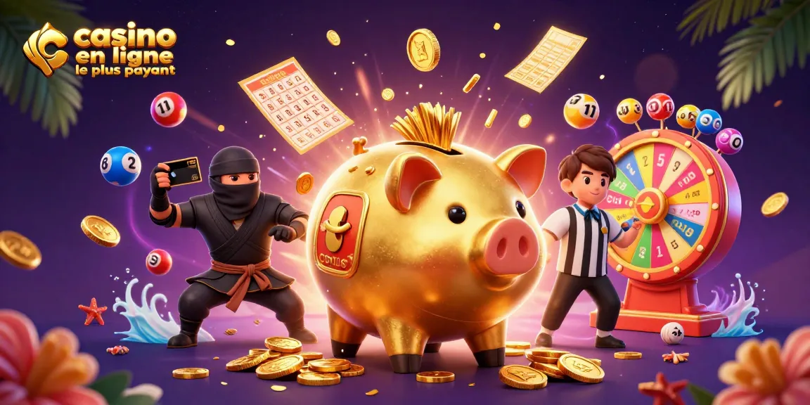 Illustration d'un casino en ligne le plus payant avec un sumo en or et des éléments de loterie enjoués.