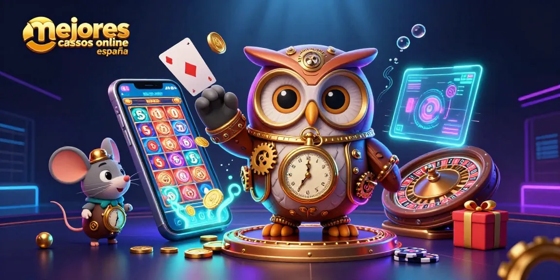 Imágenes de los mejores casinos online en España, con un búho viajero del tiempo y elementos de juego dinámicos.