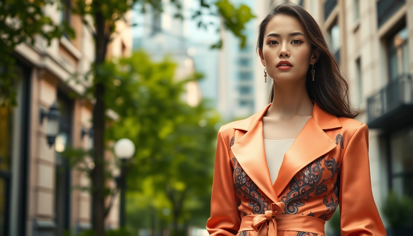 Fashion showcase with a model in a stylish outfit against an urban backdrop.