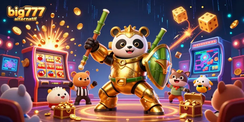 Experience the excitement with big777 alternatif as the mech-suit panda battles in a dazzling casino scene.