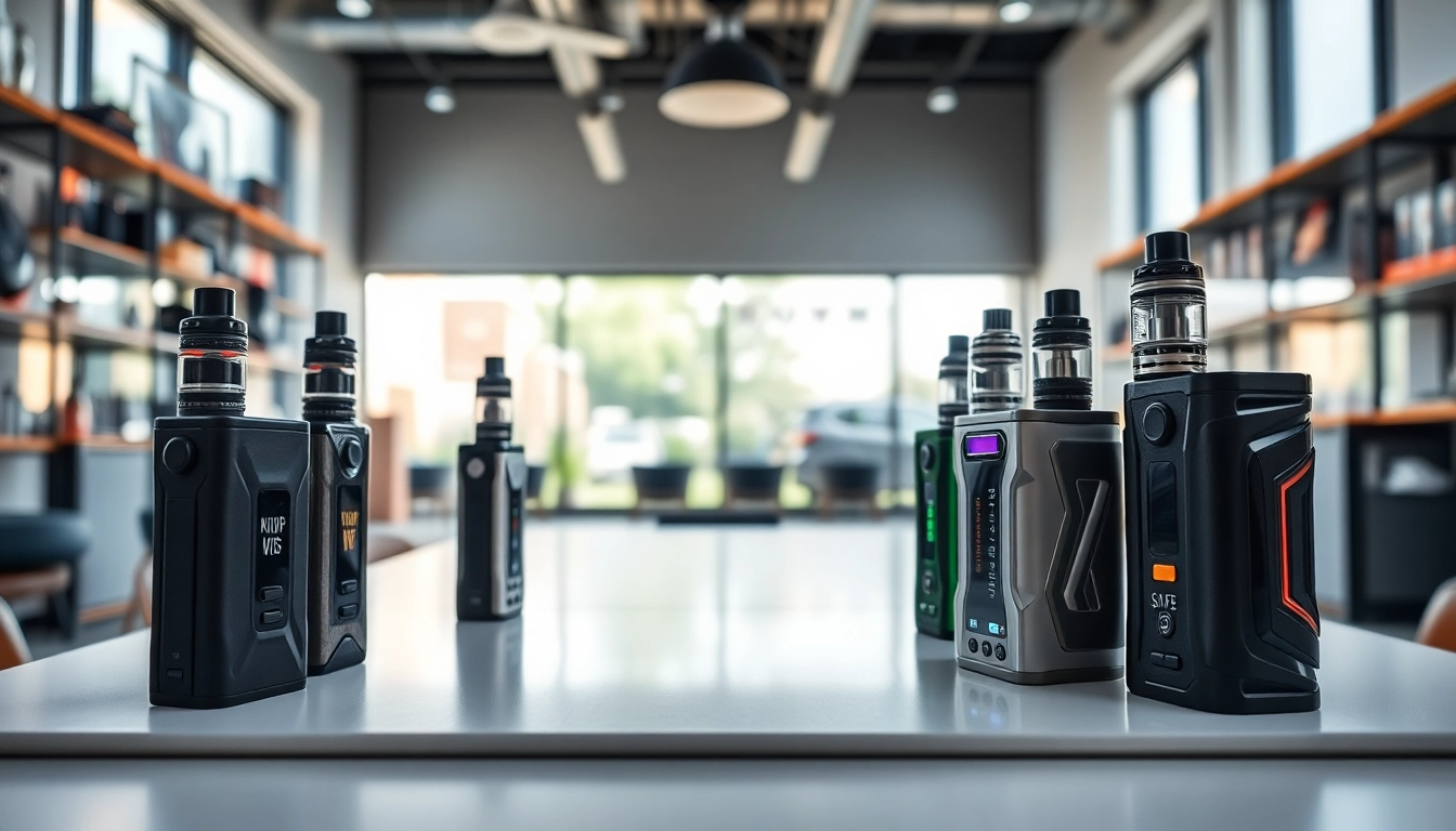 Explore diverse box mods highlighting unique designs and vibrant colors in a sleek vape lounge.