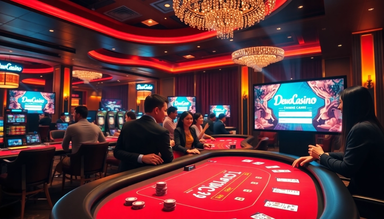 Dewacasino login screen featured amidst an engaging live casino environment with excited players.