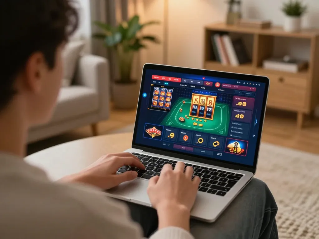 uu88 player engaging with online casino games on a laptop in a cozy living room