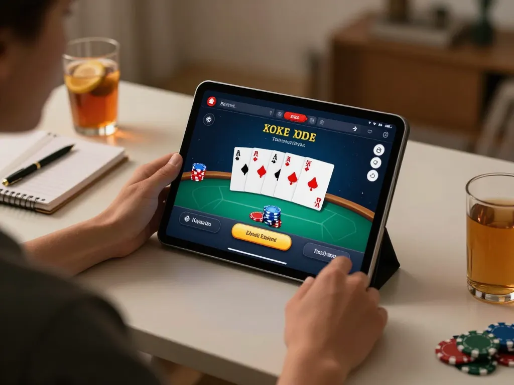 Play poker on okwin in a cozy home setting with tablet and supporting materials