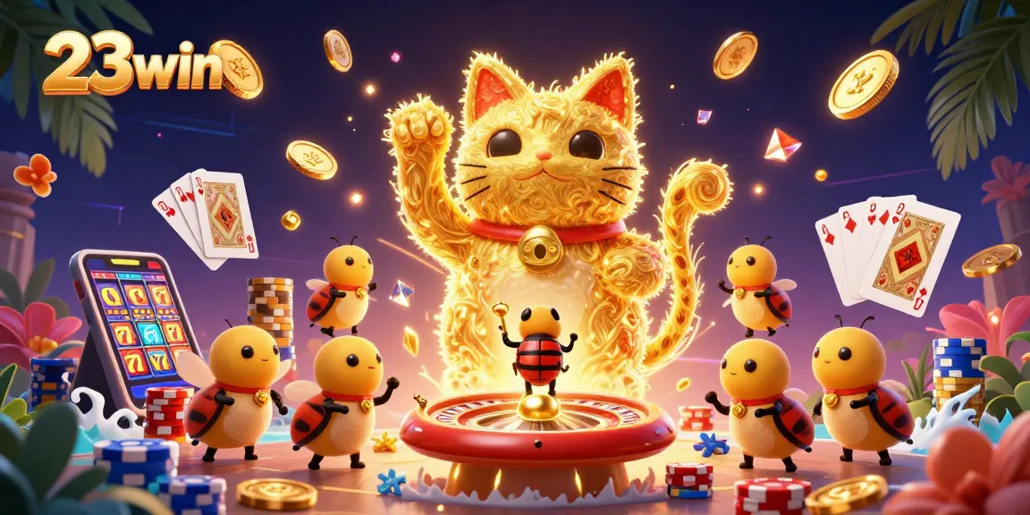 Experience the excitement of 23win with a vibrant casino scene featuring a giant lucky cat shaped by fireflies.