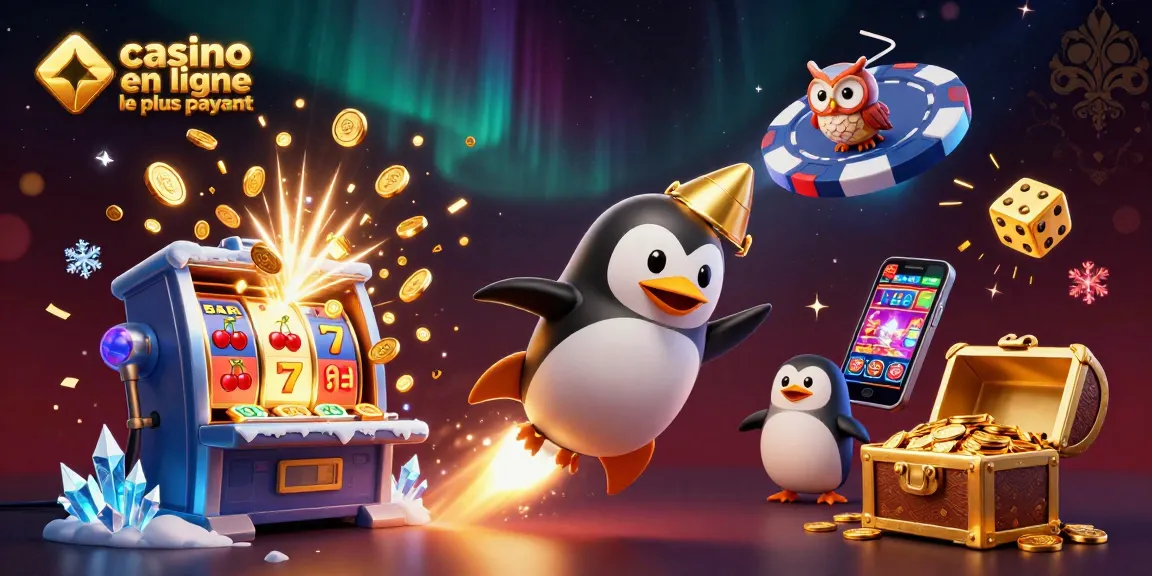 Illustration dynamique d'un casino en ligne le plus payant avec un pingouin doré et des jeux de casino.