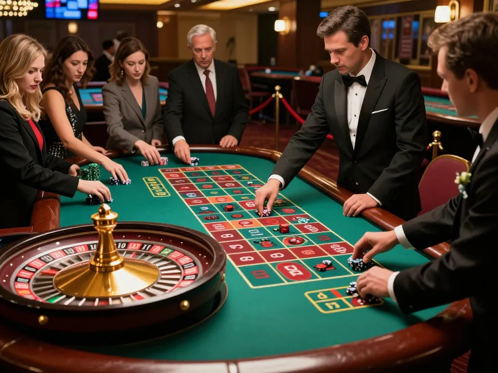 Tg88 players placing bets at an upscale roulette table in a vibrant casino.