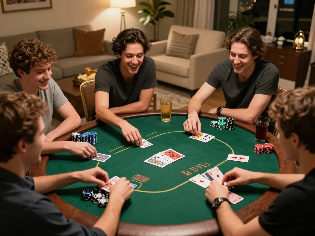 Poker game hosted at hitclub9's cozy living room with friends enjoying chips, cards, and drinks.
