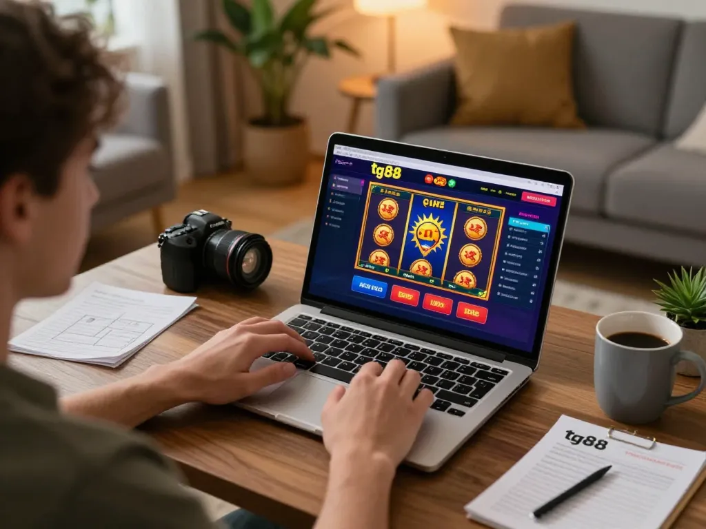Engaged player using tg88 online casino on laptop in a cozy home setting with strategy notes.