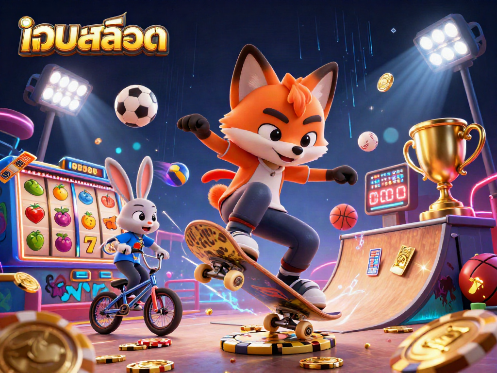 Experience the thrill of เว็บสล็อต with a 3D fox skateboarder and lucky symbols in action.