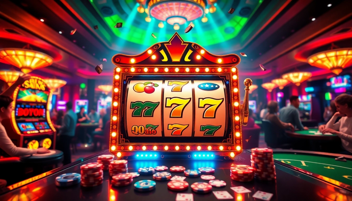 SLOT machine celebration with jubilant gamblers in a vibrant casino setting.