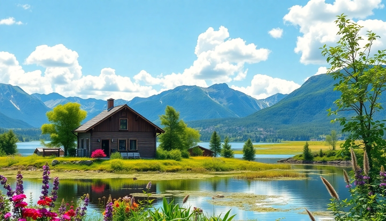 Scandia's serene landscape showcasing a traditional wooden house amidst greenery and mountains.