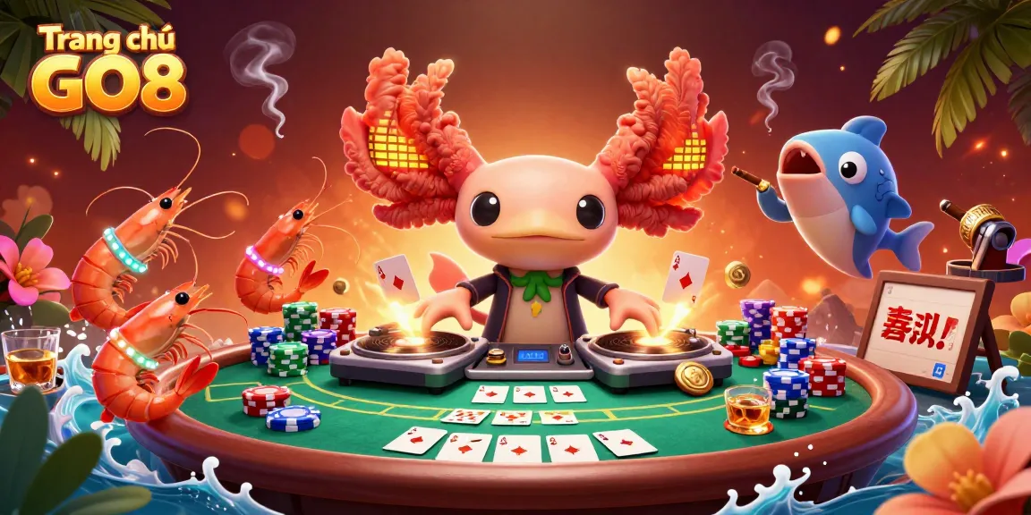 Experience the excitement at Trang chủ GO8 with a vibrant axolotl DJ surrounded by colorful casino elements.