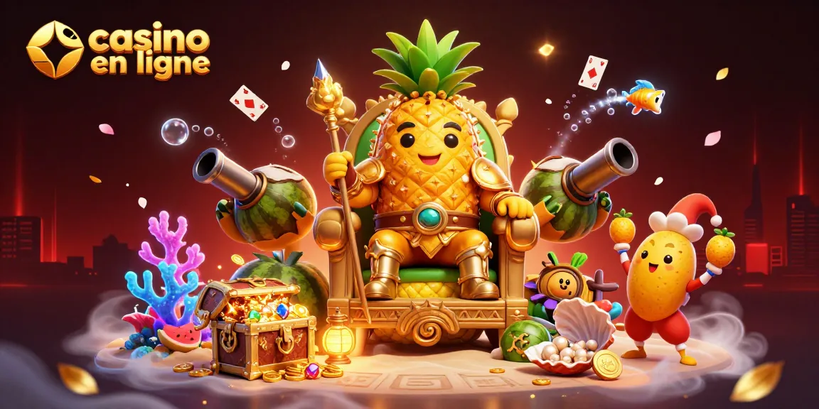 Visitez un casino en ligne retrait immédiat avec un roi en ananas entouré de joyaux scintillants et d'une ambiance dynamique.
