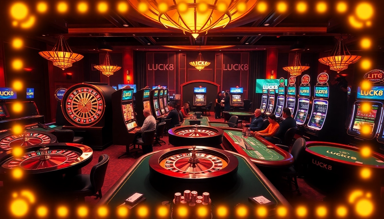 LUCK8 players enjoying a vibrant casino experience with roulette wheels and poker tables.