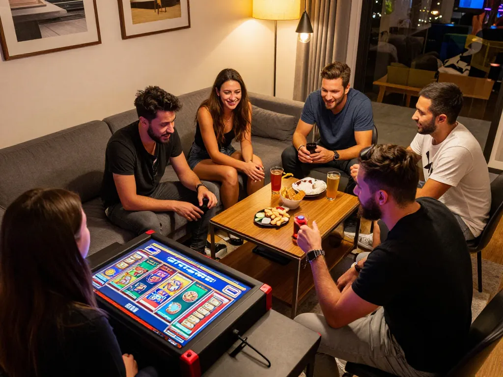 Slot6000 players enjoying a social home slot game night with vibrant gaming interface.