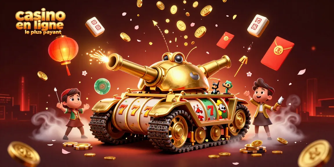Casino en ligne le plus payant avec un tank doré et un mini-casino illustrés dynamiquement.