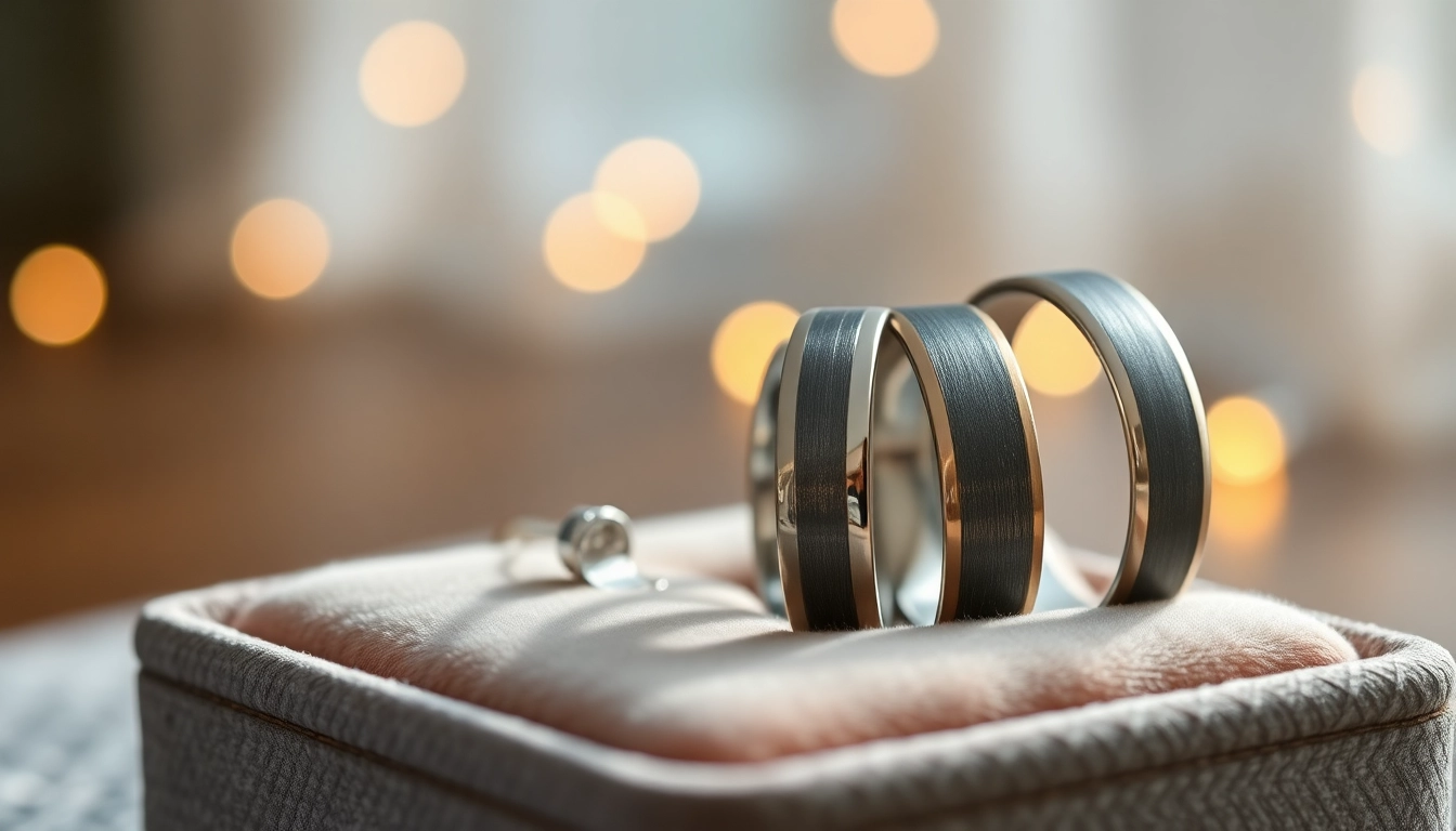 Showcasing stunning tungsten wedding bands with different finishes on a velvet box.