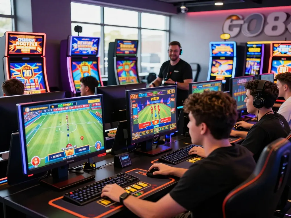 Players engaging with GO8 online gambling platform in a vibrant gaming lounge atmosphere.