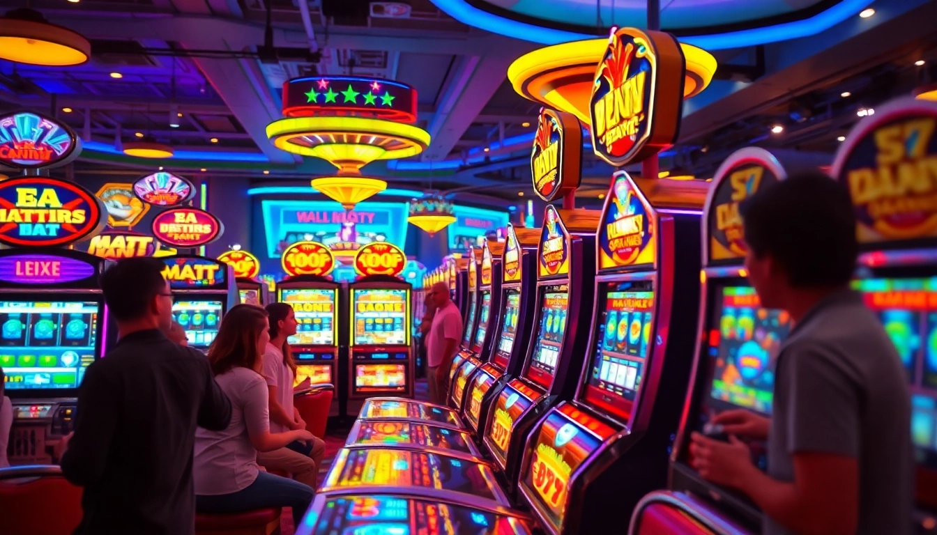Slot gacor yang menarik perhatian dengan mesin kasino yang cerah dan ramai.