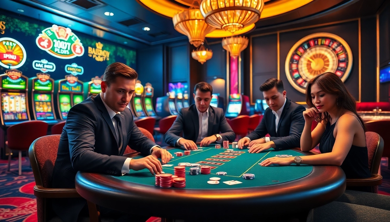 Players engaged in a thrilling poker game at https://kjc.marketing/ casino, surrounded by vibrant slot machines.
