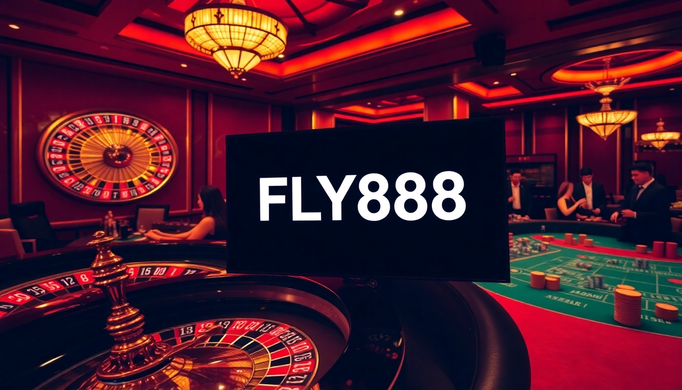 Engaging scene of luxury gambling with FLY88 branding on poker and roulette tables.
