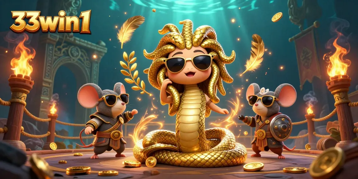 Engage with 33win 1 in this vibrant casino-themed scene featuring Medusa and a warrior mouse.
