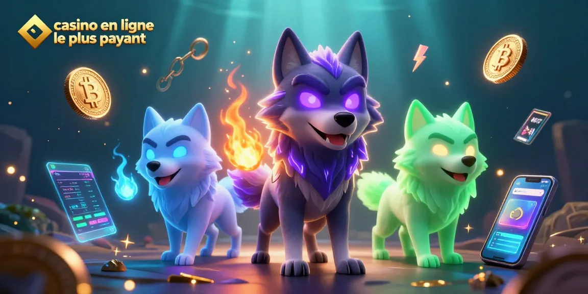 Illustration 3D dynamique présentant "casino en ligne le plus payant" avec des éléments de jeux et des loups spectres.